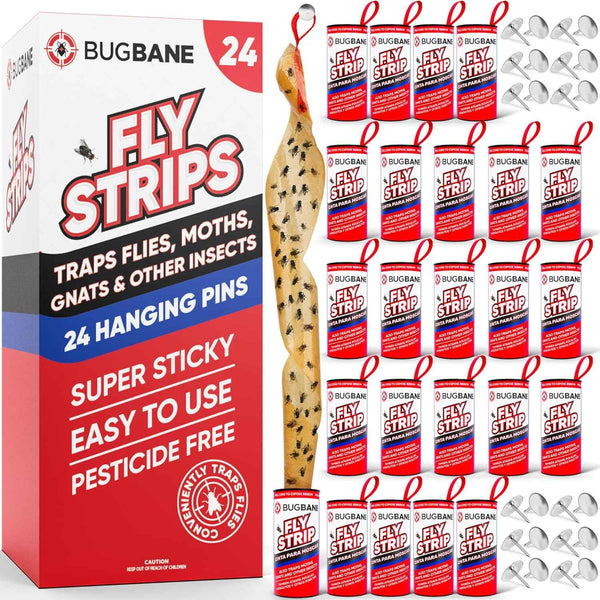 Bugbane Fly Strips Indoor Sticky Hanging 24pk with Pins, Non-Toxic Fly Trap for Home, Flies, Gnat, Fruit Fly, and Housefly.