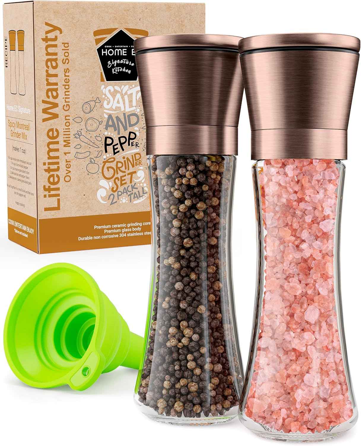 Home EC Premium Stainless Steel Sea Salt and Pepper Grinder Set of 2 - Adjustable Ceramic - Tall Glass Salt and Pepper Shakers - Kitchen Spice Mill W/Funnel & EBook