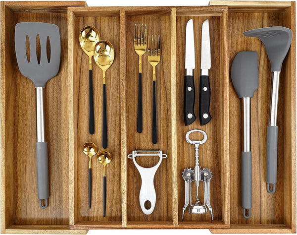 Acacia Kitchen Drawer Organizer with 8 Slots and Adjustable Size