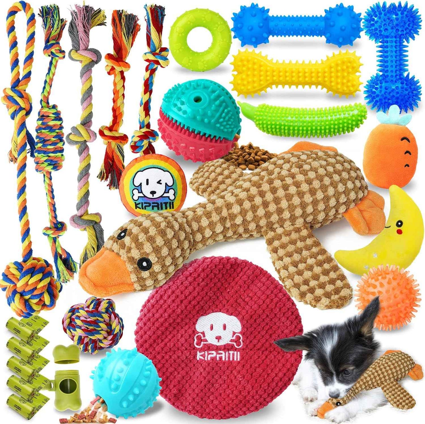 KIPRITII 25 Pack Various Puppy Dog Toys for Teething, Entertainment & Interaction, Puppy Chew Toys Pack with Rope Toy, Treat Balls and Dog Squeaky Toys for Puppies & Small Dogs