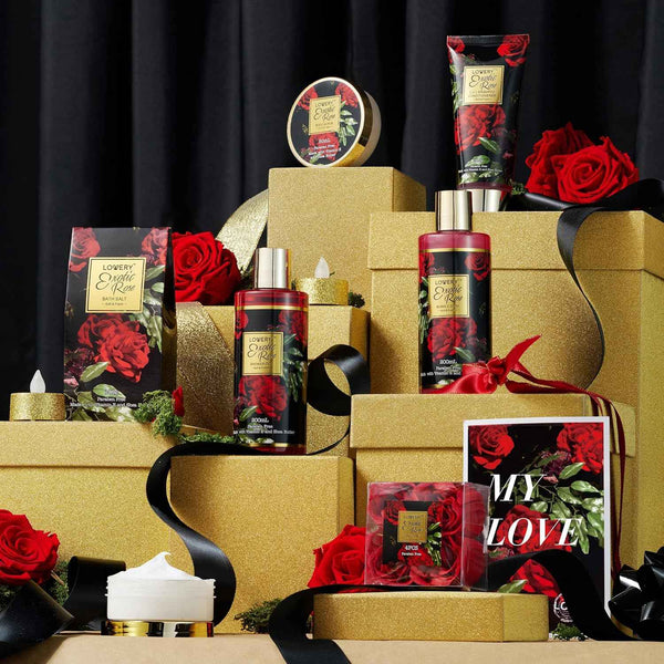 Exotic Rose Valentine Gift Basket for Women, Spa Bath and Body Gift Set with Rose Soaps and Bath Salts