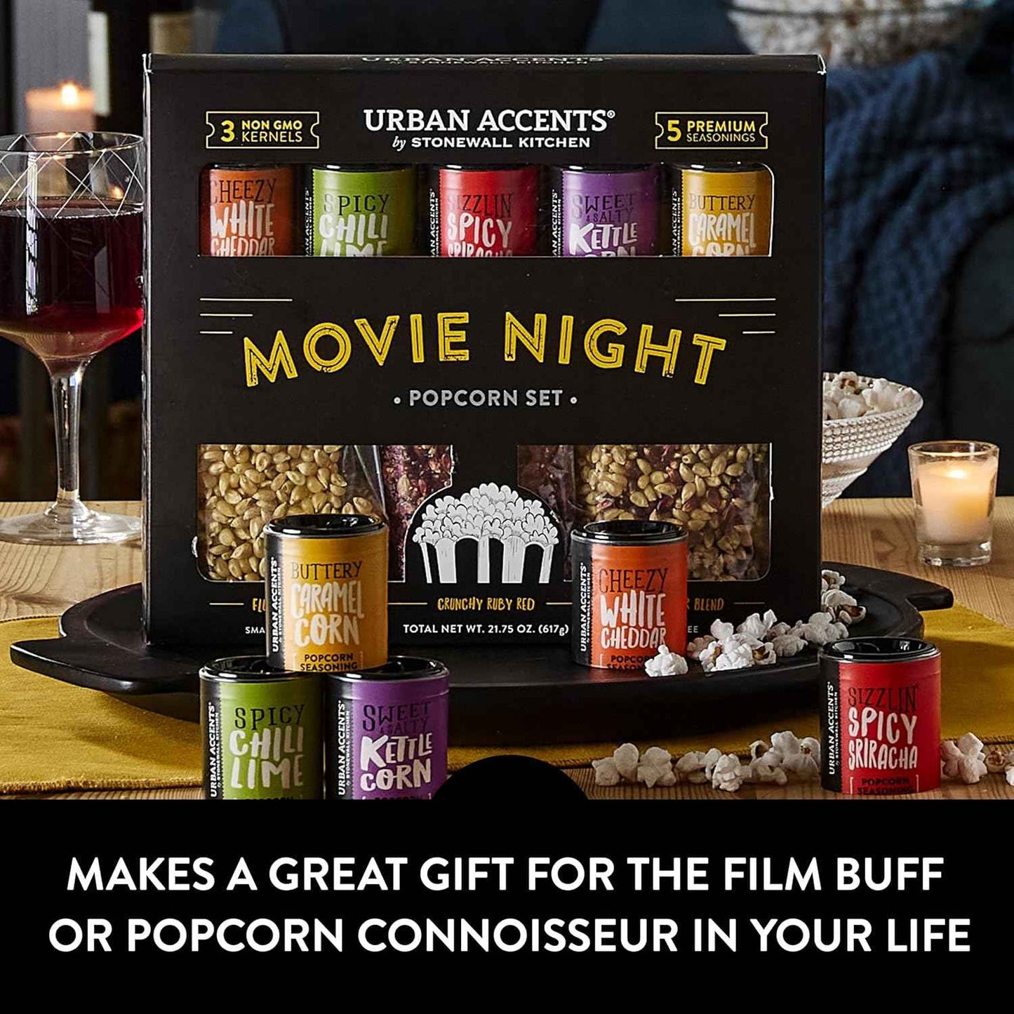 Urban Accents Movie Night Popcorn Gift Set – Includes 3 Gourmet Popcorn Kernel Varieties & 5 Flavorful Seasonings – Perfect Snack Gift Box for Parties, Holidays, or Movie Lovers