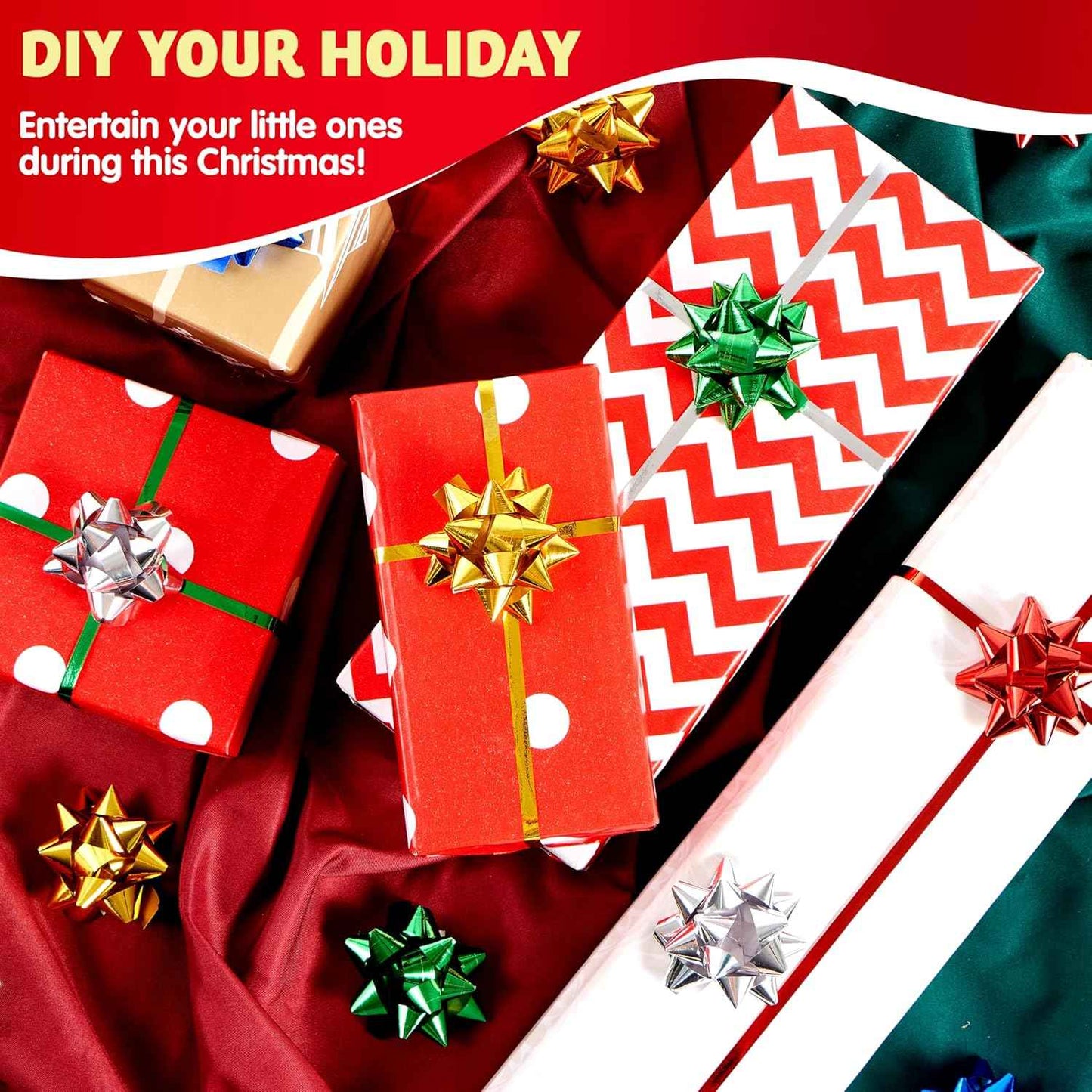 JOYIN Christmas 34 Pcs Bows and Ribbons Set, 4 Rolls of Curling Ribbons with 30 Pcs Bows, Gift Wrapping DIY for Holiday Crafts Decoration