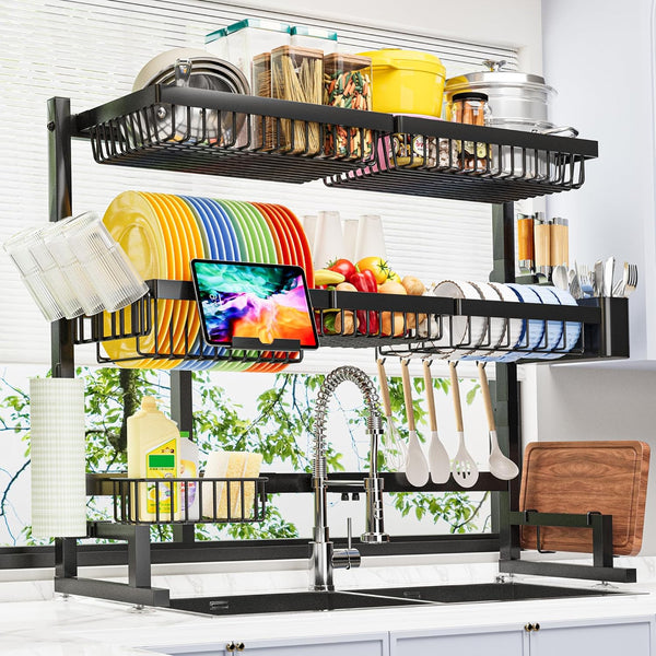 Over the sink dish drying rack with adjustable height and length