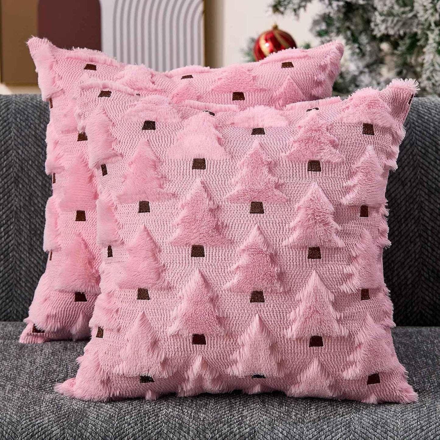Christmas Pillow Covers 18x18 inch, Set of 2 Soft Plush Faux Fur Wool Throw Pillow Cases with Beige Christmas Tree Design
