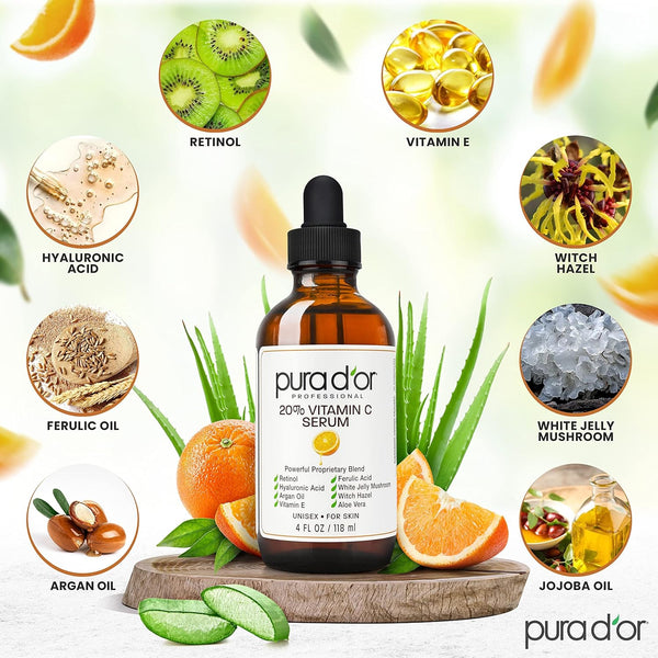 pura d'or 20% vitamin c serum 4 oz - lightweight, retinol, hyaluronic acid, ferulic acid treatment for face & eyes - men & women
