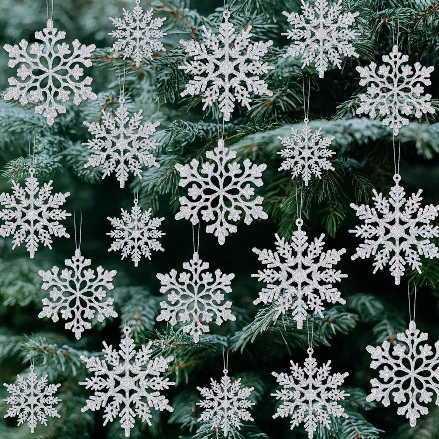 24PCS Snowflake Ornaments, Christmas White Snowflakes Tree Decorations, Plastic Glitter Snow Flakes Decorating Hanging, Xmas Tree Ornaments Indoor Ceiling Fireplace Winter Wonderland Decor