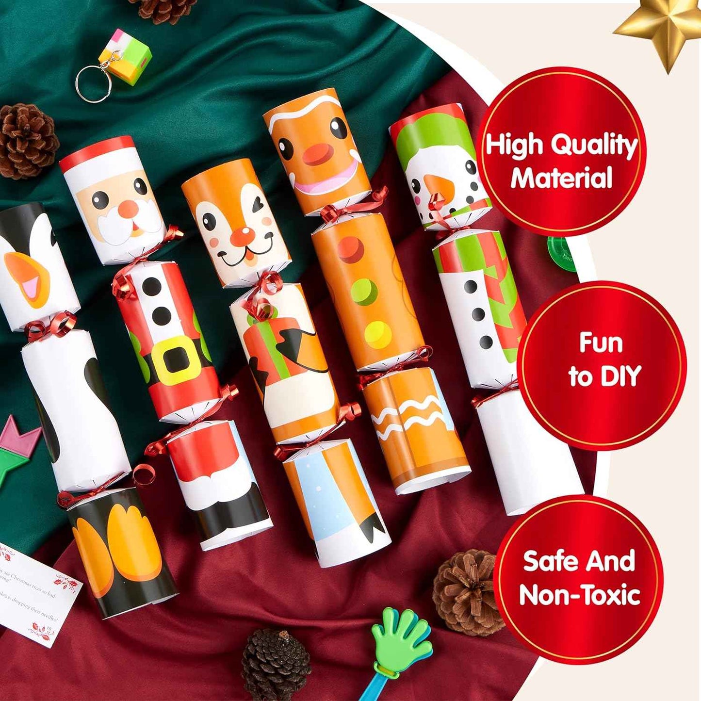 JOYIN 10 Pack Christmas Non-Snap Party Favor with Cute Characters, Includes Party Hat, Joke & Gift, Christmas Table Decorations for Holiday Dinner Traditions Supplies, Stocking Stuffers for Kids