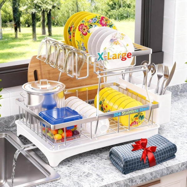 2-Tier Dish Rack with Auto-Drain and Mat for Kitchen Counter