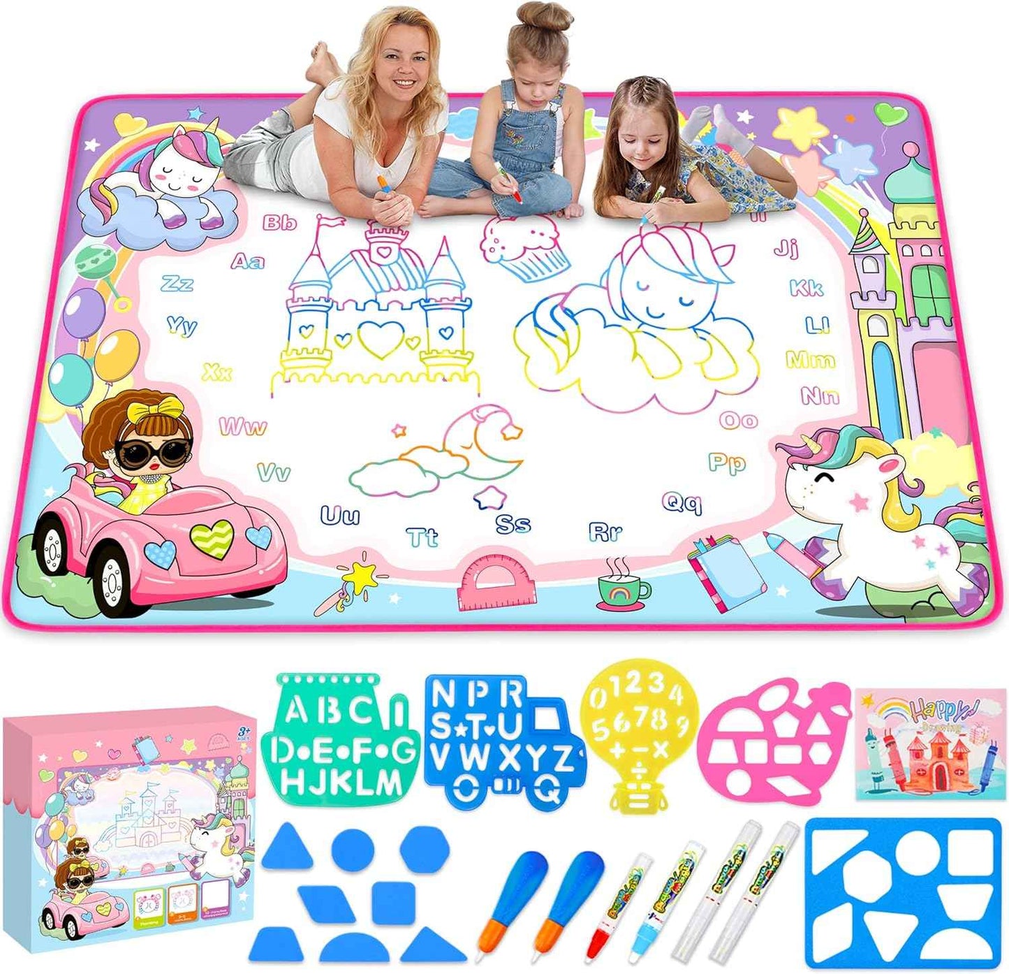 Water Doodle Mat - Kids Painting Writing Color Doodle Drawing Mat Toy Bring Magic Pens Educational Toys for Age 2 3 4 5 6 7 Year Old Girls Boys Age Toddler Gift
