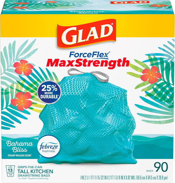 Glad Tall Kitchen Trash Bags 13 Gallon, MaxStrength Cherry Blossom Garbage Bags, Drawstring, 90 Count - Rayz Mart