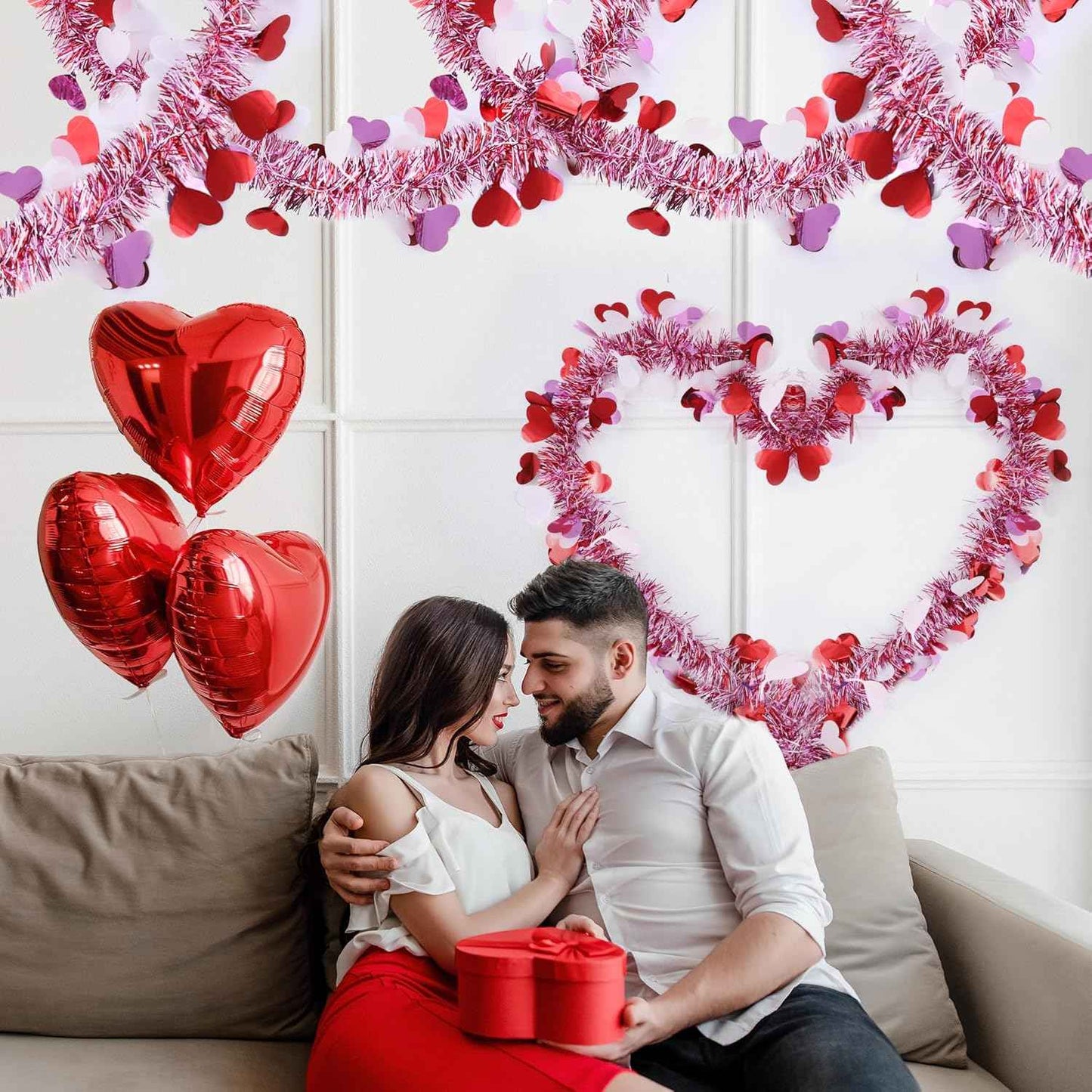 33 Ft Valentines Heart Tinsel Garland Decorations, Valentines Day Red Pink White Metallic Garland Valentine's Day Decorations for Home Indoor Outdoor Wedding Hanging Valentines Day Decor