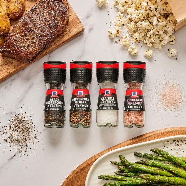 McCormick grinder essentials variety pack non gmo 6.47 oz, varieties include black peppercorn, himalayan pink salt, peppercorn medley & sea salt