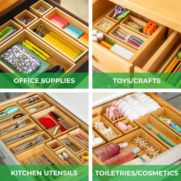 Bamboo drawer organizer boxes for kitchen, bathroom, office, and desk