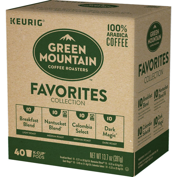 Green Mountain Coffee Roasters Favorites Collection includes 4 boxes of K-Cup pods with light, medium, and dark roasts