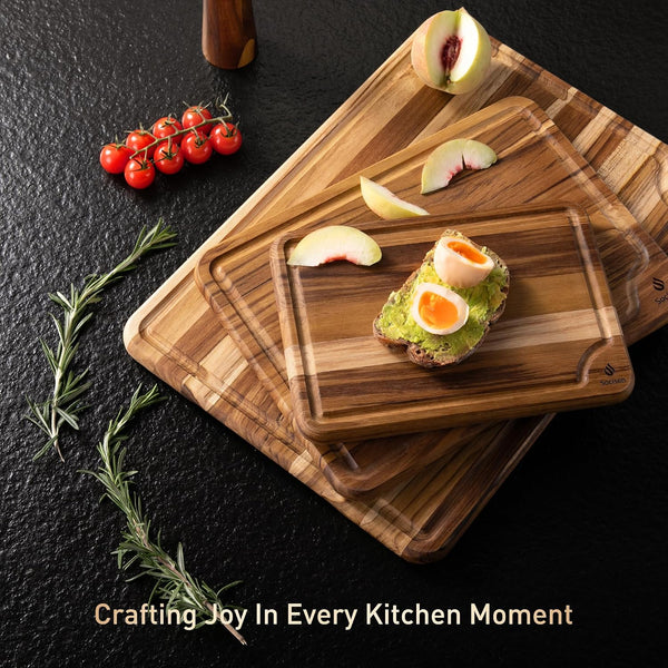 Teak Wood Cutting Board Set for Kitchen with Non-Slip Base and Durable Construction