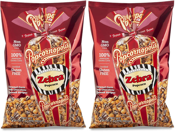 Popcornopolis Zebra Striped Caramel Corn with Confectionery Chocolate 24 Ounce American Grown