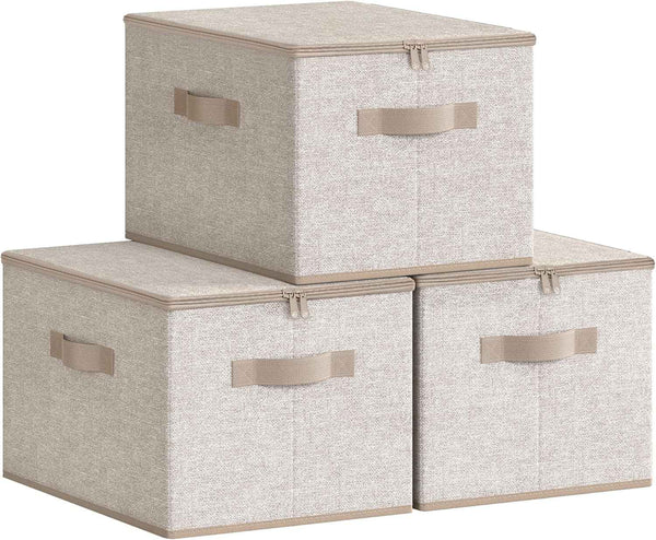 songmics foldable fabric storage organizer boxes set of 3 bins with lids and handles