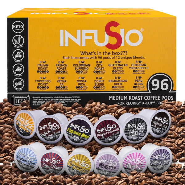 InfuSio Coffee Pods Variety Pack, 96 Count, 12 Blends, Compatible with Keurig K-Cup 2.0 Brewers