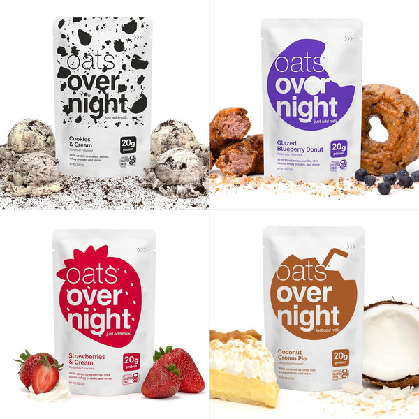 Oats Overnight Party Variety Pack - High Protein, High Fiber Breakfast Protein Shake - Gluten Free Oatmeal, Non GMO Oatmeal - Cookies & Cream, Coconut Cream Pie & More Flavors (8 Pack)