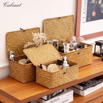 Nonam Storage Basket with Lid, Natural Seagrass Bin with Lid Set of 3, Shelf Baskets Multipurpose Container for Boho Decoration, Rectangular Household Storage Boxes for Home Organization-Natural
