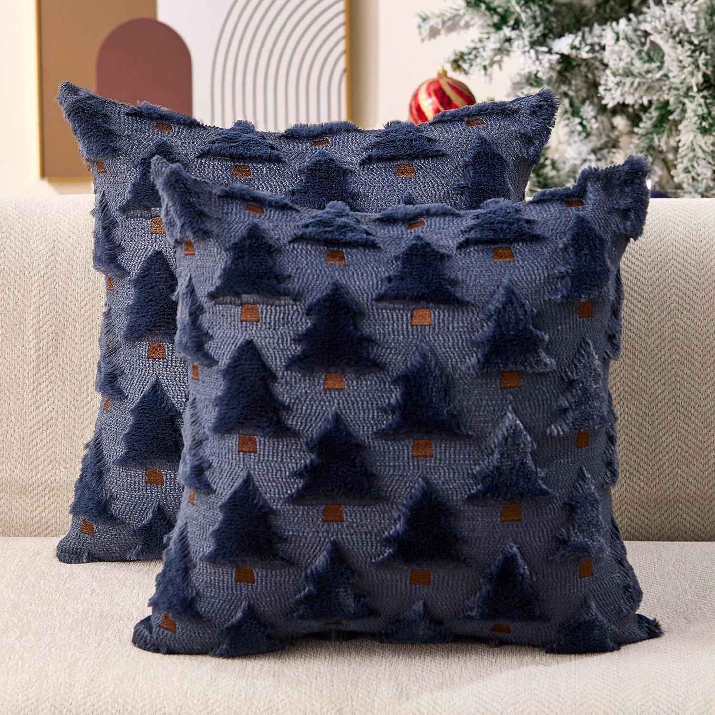 Christmas Pillow Covers 18x18 inch, Set of 2 Soft Plush Faux Fur Wool Throw Pillow Cases with Beige Christmas Tree Design