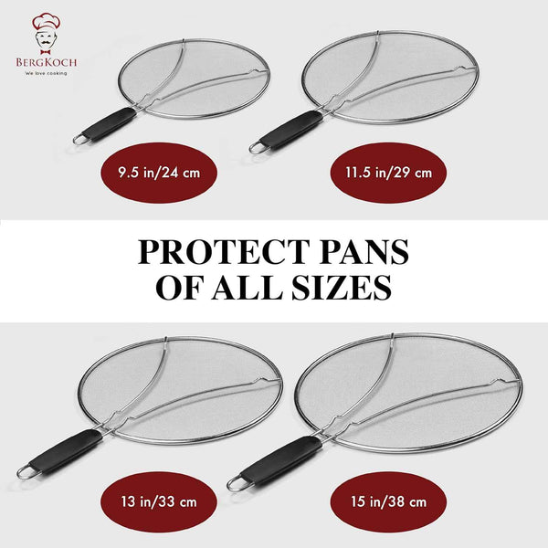 BergKoch Splatter Screen for Frying Pan - 13 Inch Stainless Steel Grease Splatter Guard - Cover Oil Splash when Sizzling Bacon, Cooking Fried Chicken or Popcorn