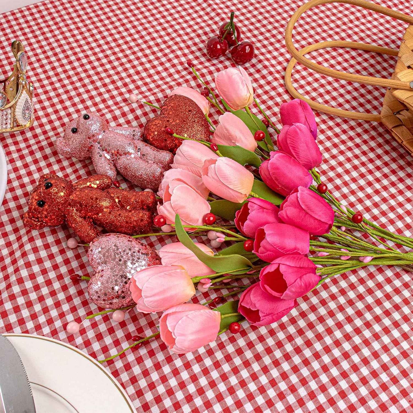 JINGHONG Valentine's Day Decorations Valentines Day Gifts 10 Pack Artificial Floral Picks with Pink Red Bear and Heart Tulip for Valentine Mothers Day Anniversary Candlelight Dinner Party Decor