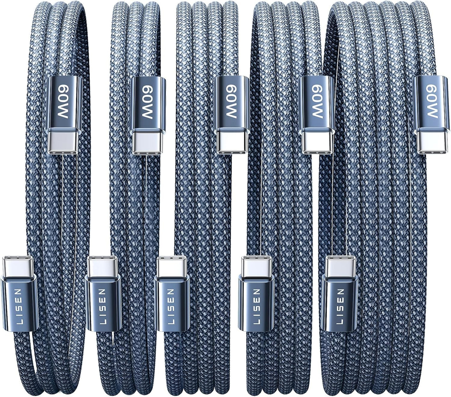 LISEN USB C to USB C Cable, 5-Pack [3.3/3.3/6.6/6.6/10FT] for iPhone 17 Charger Cord, 60W C to C Cable Fast Charging for iPad, iPhone 16 15 Pro Max, Galaxy S25/S24 USBC to USBC Cable Gifts for Men