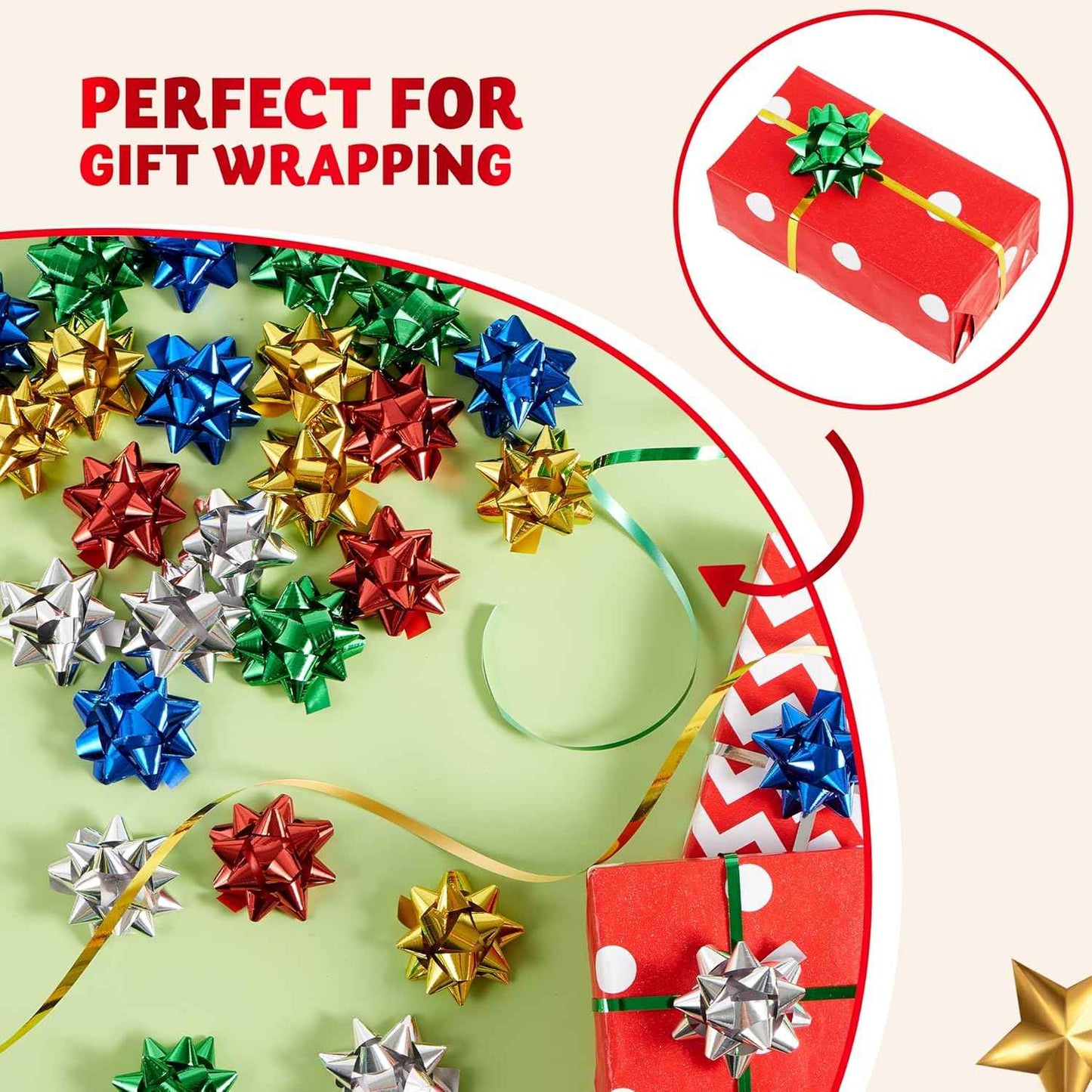 JOYIN Christmas 34 Pcs Bows and Ribbons Set, 4 Rolls of Curling Ribbons with 30 Pcs Bows, Gift Wrapping DIY for Holiday Crafts Decoration