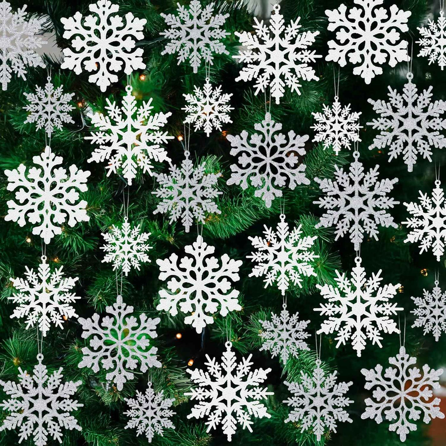 24PCS Snowflake Ornaments, Christmas White Snowflakes Tree Decorations, Plastic Glitter Snow Flakes Decorating Hanging, Xmas Tree Ornaments Indoor Ceiling Fireplace Winter Wonderland Decor