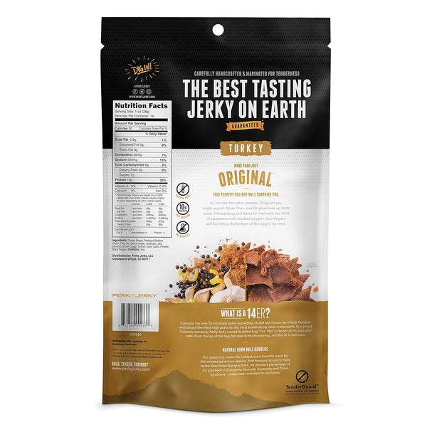 Perky Jerky Original Turkey Jerky, 14oz, Low Sodium, 10g Protein per Serving, Low Fat, 100% U.S. Sourced, Handcrafted, Tender Texture and Bold Flavor