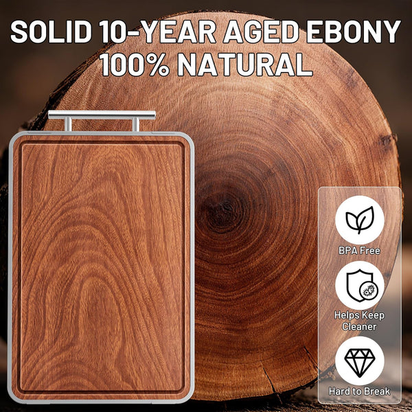 Double-sided cutting board made of titanium and ebony wood for kitchen use