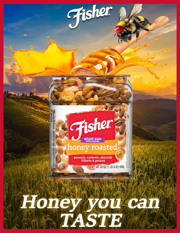 Fisher Snack Honey Roasted Mixed Nuts with Peanuts, 24 Ounces, Reusable Canister