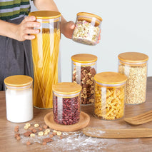 7-pack glass food storage jars with bamboo lids for kitchen organization