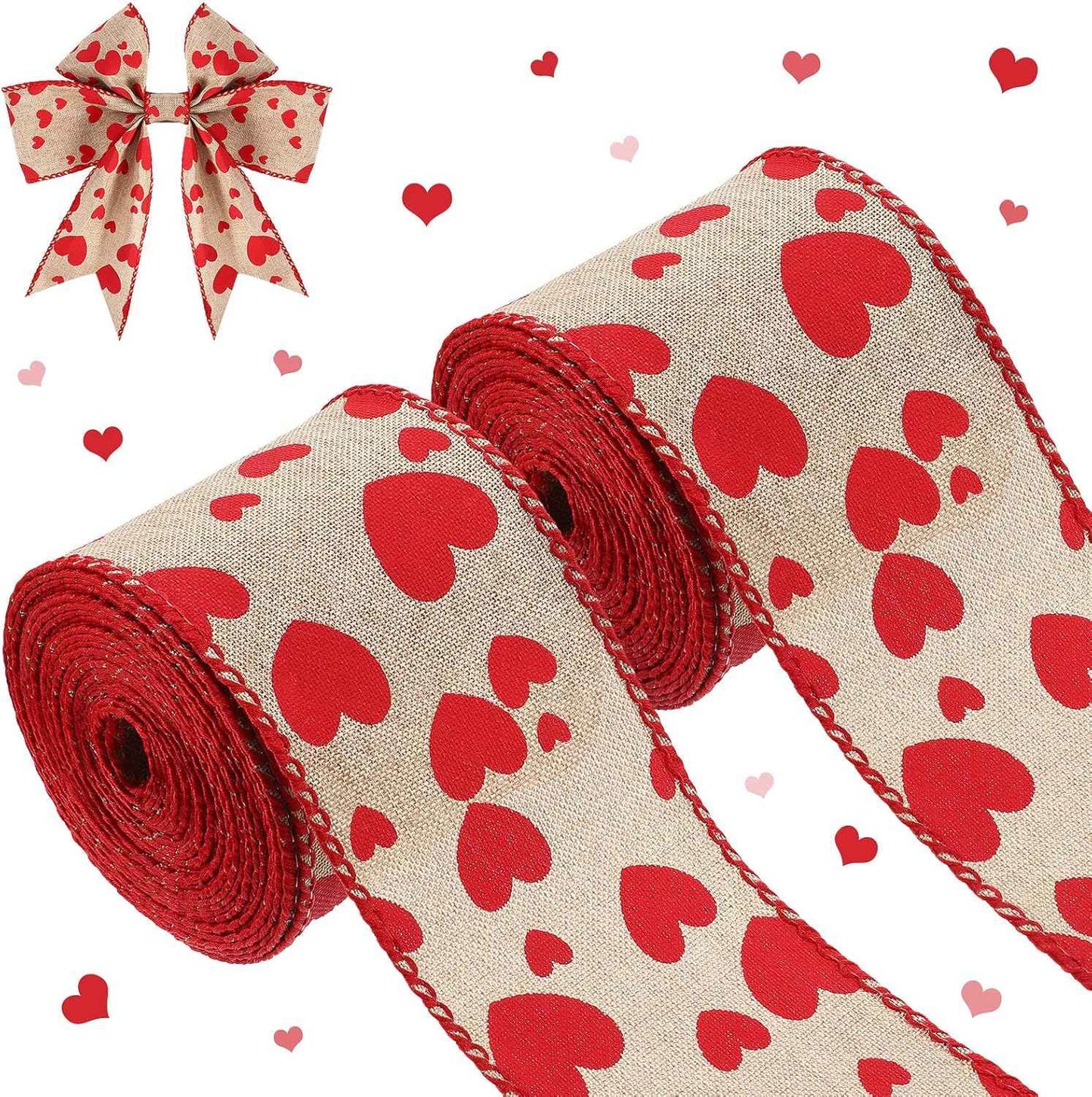 Dingion Valentine's Day Burlap Wired Ribbon 2 Rolls 12 Yards Heart Printed Love Edge Ribbon 2.5 in Patterned Hearts for Favor Wrapping Wreaths Craft Prensent Wrapping Decorative (Pink)