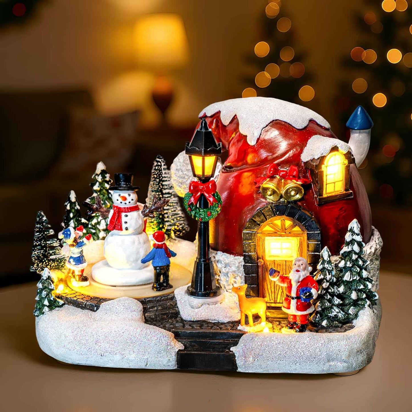 Animated Collection Figurines Musical Christmas Tree Spinning Train Deer Snowman with Rotating Train, Lighted Christmas Collection Figurines for Home Tabletop Decorations Ornaments Gifts
