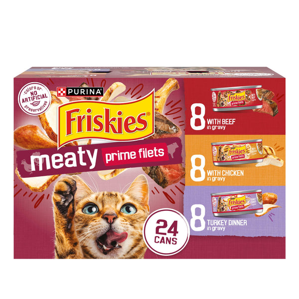 purina friskies gravy wet cat food variety pack, 24-count, 5.5 oz cans, real beef, chicken, or turkey