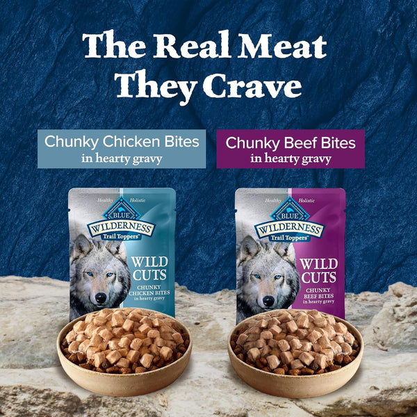 blue buffalo wilderness trail toppers wild cuts wet dog food variety pack, high-protein & grain-free, 12 count, 6 chicken and 6 beef flavors