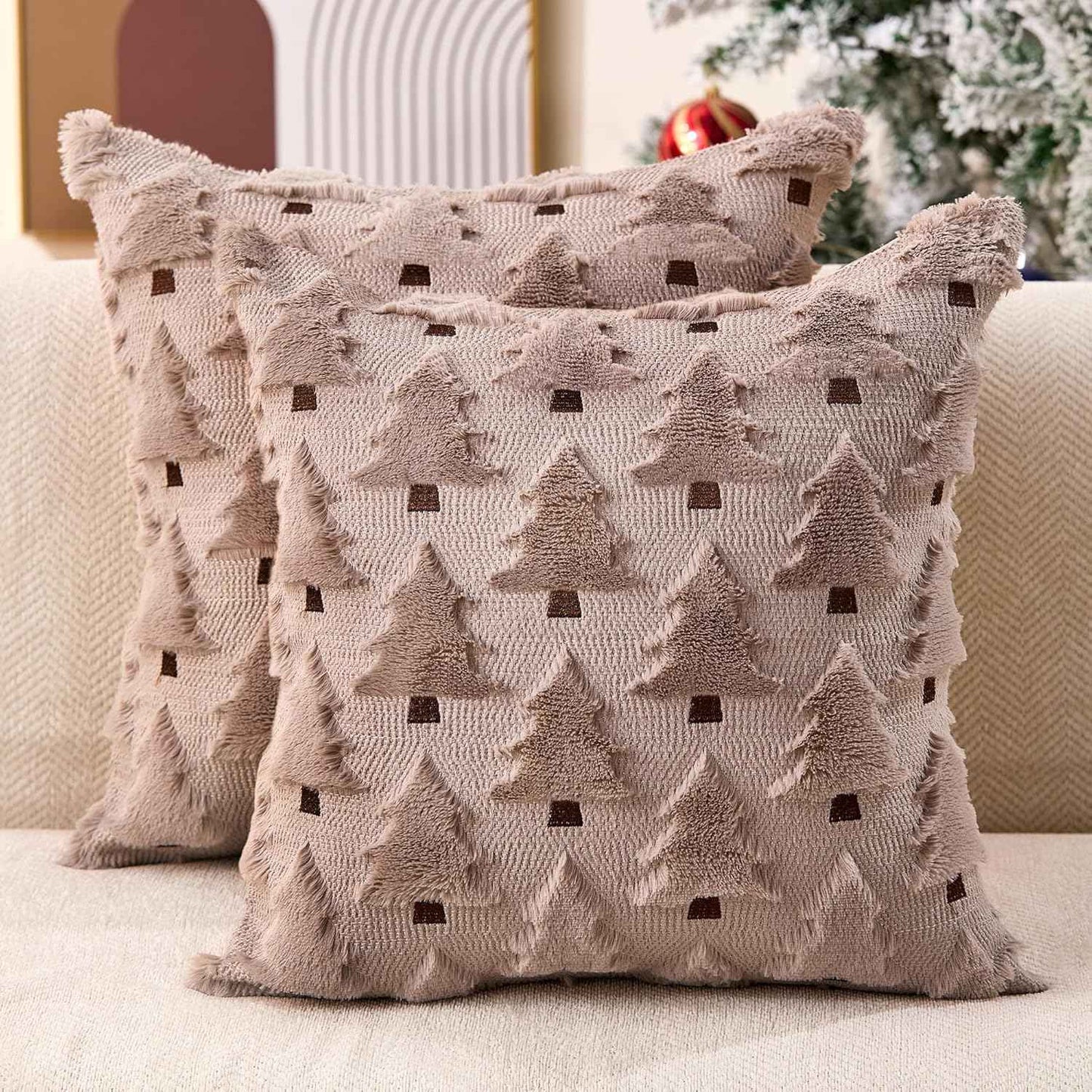 Christmas Pillow Covers 18x18 inch, Set of 2 Soft Plush Faux Fur Wool Throw Pillow Cases with Beige Christmas Tree Design