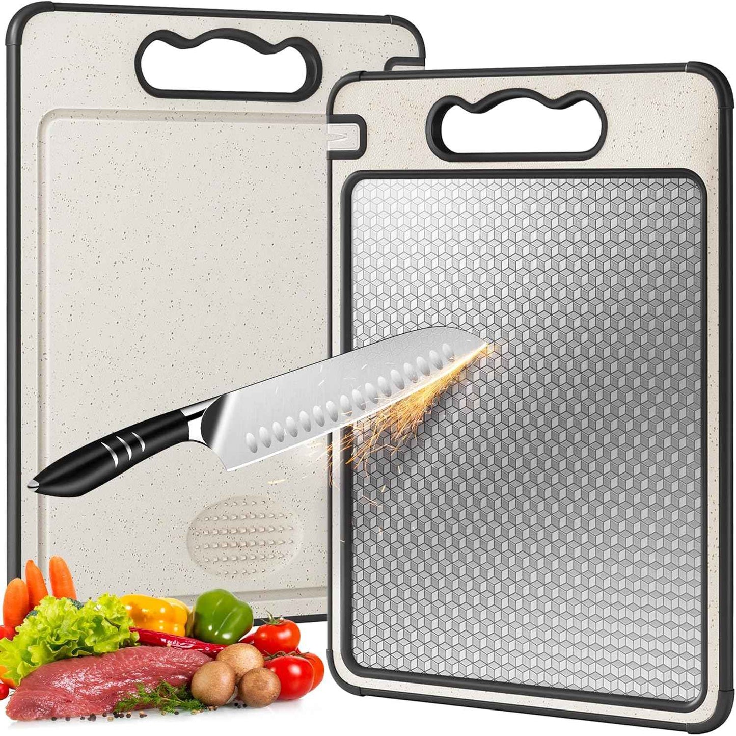 Double Sided 304 Stainless Steel & Wheat Straw Cutting Board, 14.4"*9.8" Non Toxic Chopping Board, Separately Handle Meat and Vegetables, Dishwasher Safe, Scratch Resistant Mesh Design