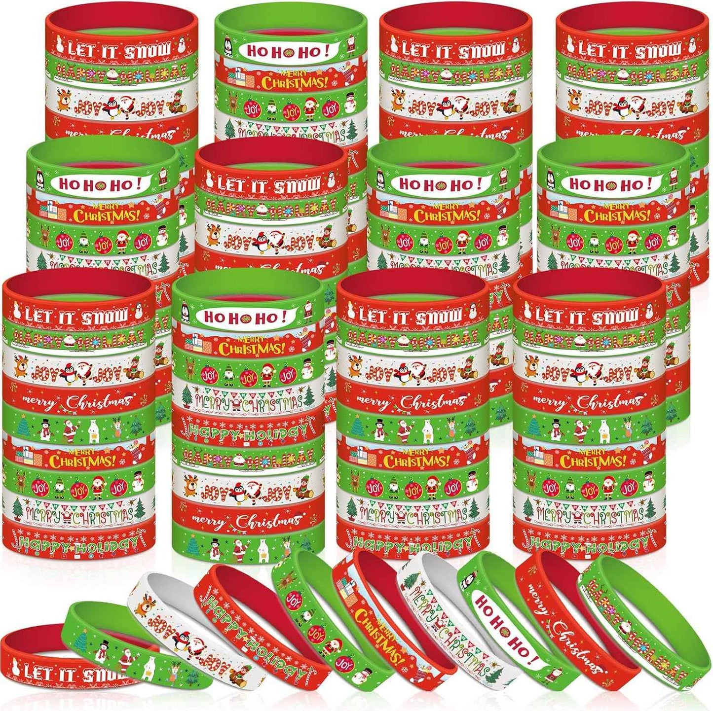 Syhood 200 Pieces Christmas Silicone Bracelets Rubber Wristbands Bulk Merry Christmas Bracelets Gifts for Kids Adult Xmas Party Favors Stocking Stuffers, 10 Style (Red, Dark Green, White)