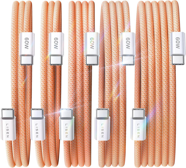 Lisen 5-pack usb c to c cable, 60w fast charging, 10ft for iphone 17, ipad, galaxy s25/s24