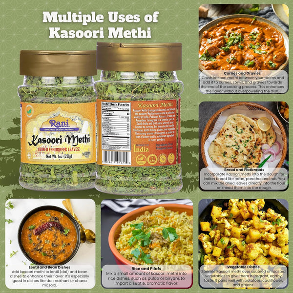 Rani 100% Natural Kasoori Methi Dried Fenugreek Leaves 1oz (28g) PET Jar Vegan Gluten Friendly