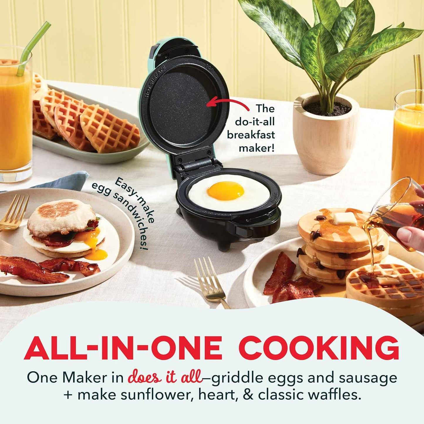 DASH Multimaker Mini System - Waffle Maker with Six 4” Removable Plates & Storage Case: Waffle Iron & Griddle, 4-in-1 Mini Waffle Maker for Kids and Families – Nonstick Surface, Just Add Batter (Aqua)