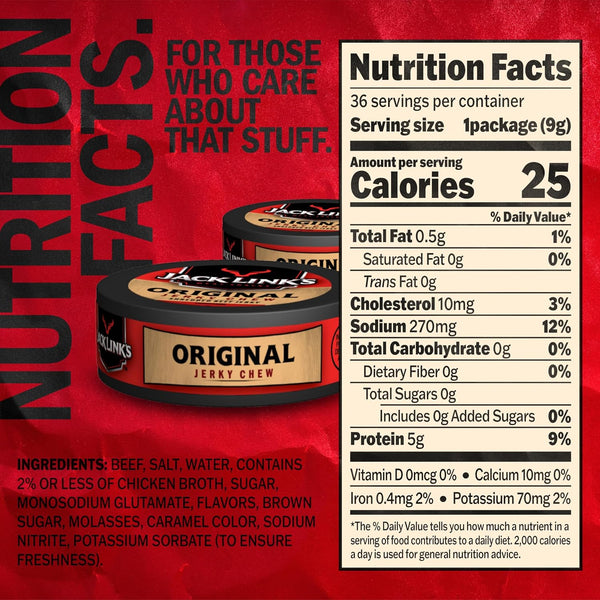 Jack Link's Original Beef Jerky Chew, 36 Pack, 0.32 oz Tins, Ready to Eat Protein Snacks