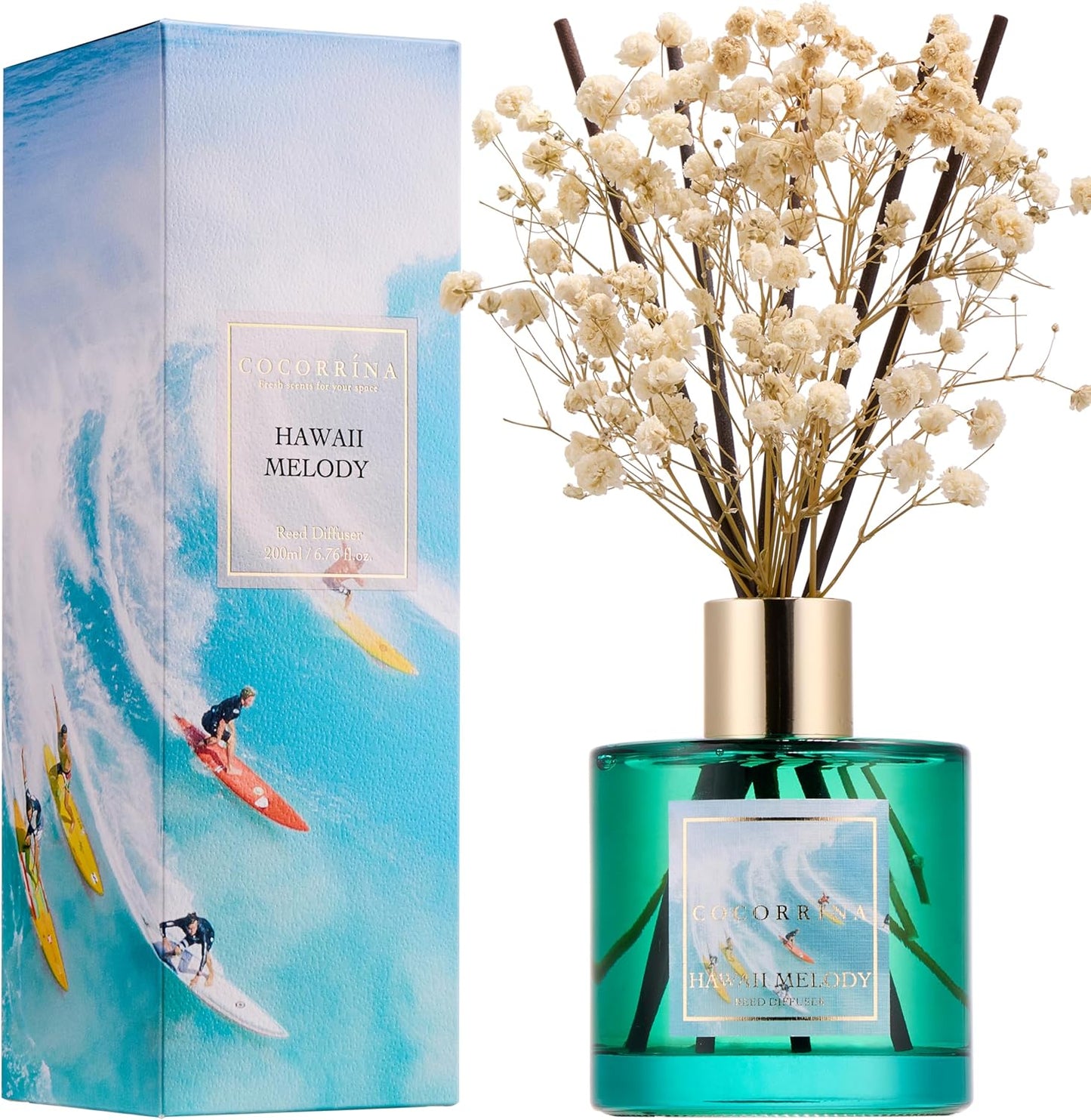 Cocorrína Premium Reed Diffuser Set with Preserved Baby's Breath & Cotton Stick Cashmere Vanilla | 6.7 fl oz Scent Fragrance Oil Diffuser for Bedroom Bathroom Home Décor