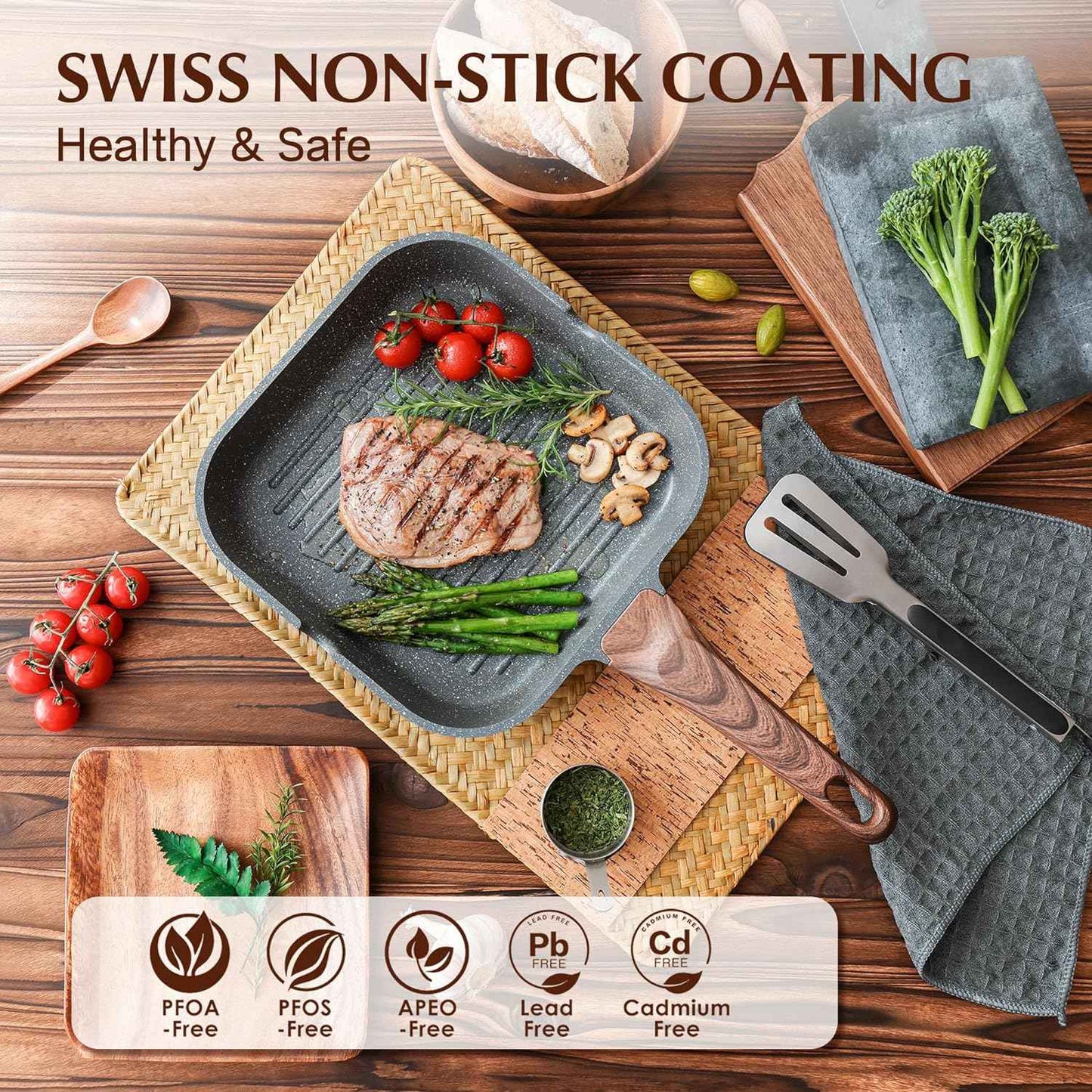 SENSARTE 9.5 inch nonstick grill pan, PFOA free, versatile griddle for stove tops and outdoor grilling.