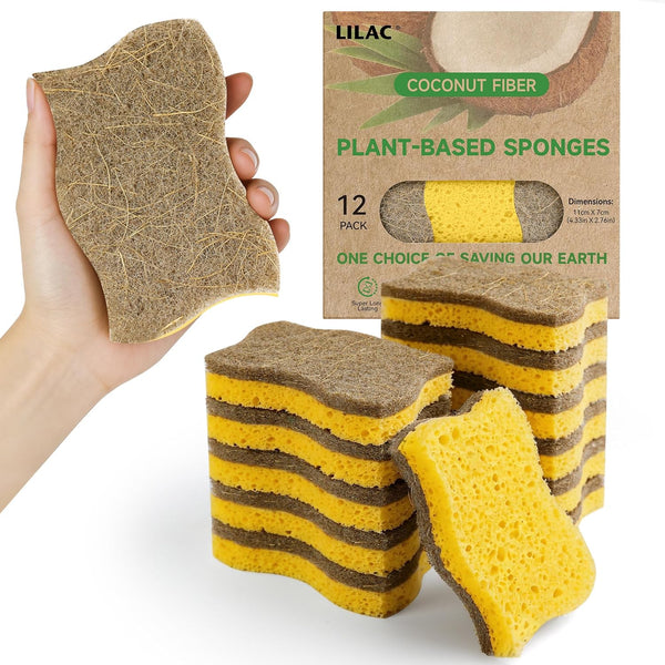 LILAC 12 Pack Natural Cellulose Sponges for Dishes - Non-Scratch Kitchen Scrub Sponges - 100% Biodegradable & Eco-Friendly Cleaning Sponges for Non-Stick Cookware, Bathroom & Household