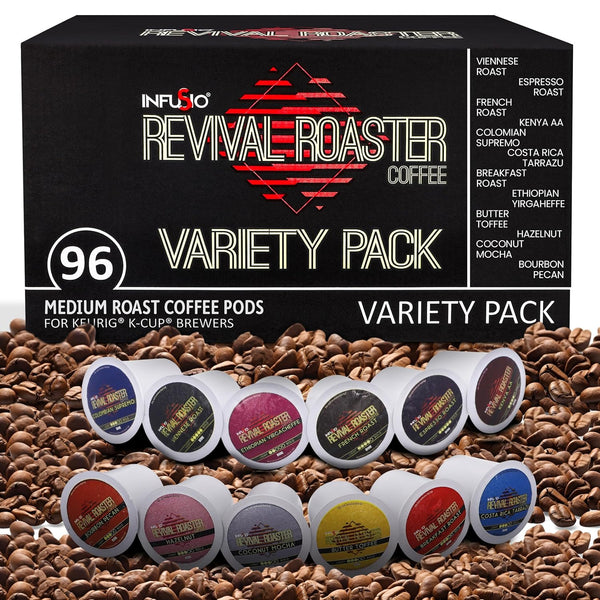 InfuSio Coffee Pods Variety Pack, 96 Count, 12 Crafted Medium & Dark Roast Blends, Compatible with Keurig 2.0 Brewers